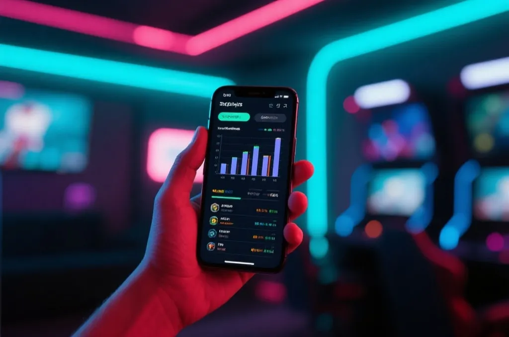 Close-up of a person holding a modern smartphone displaying a sleek statistics interface with charts and game data, neon-lit gaming room background